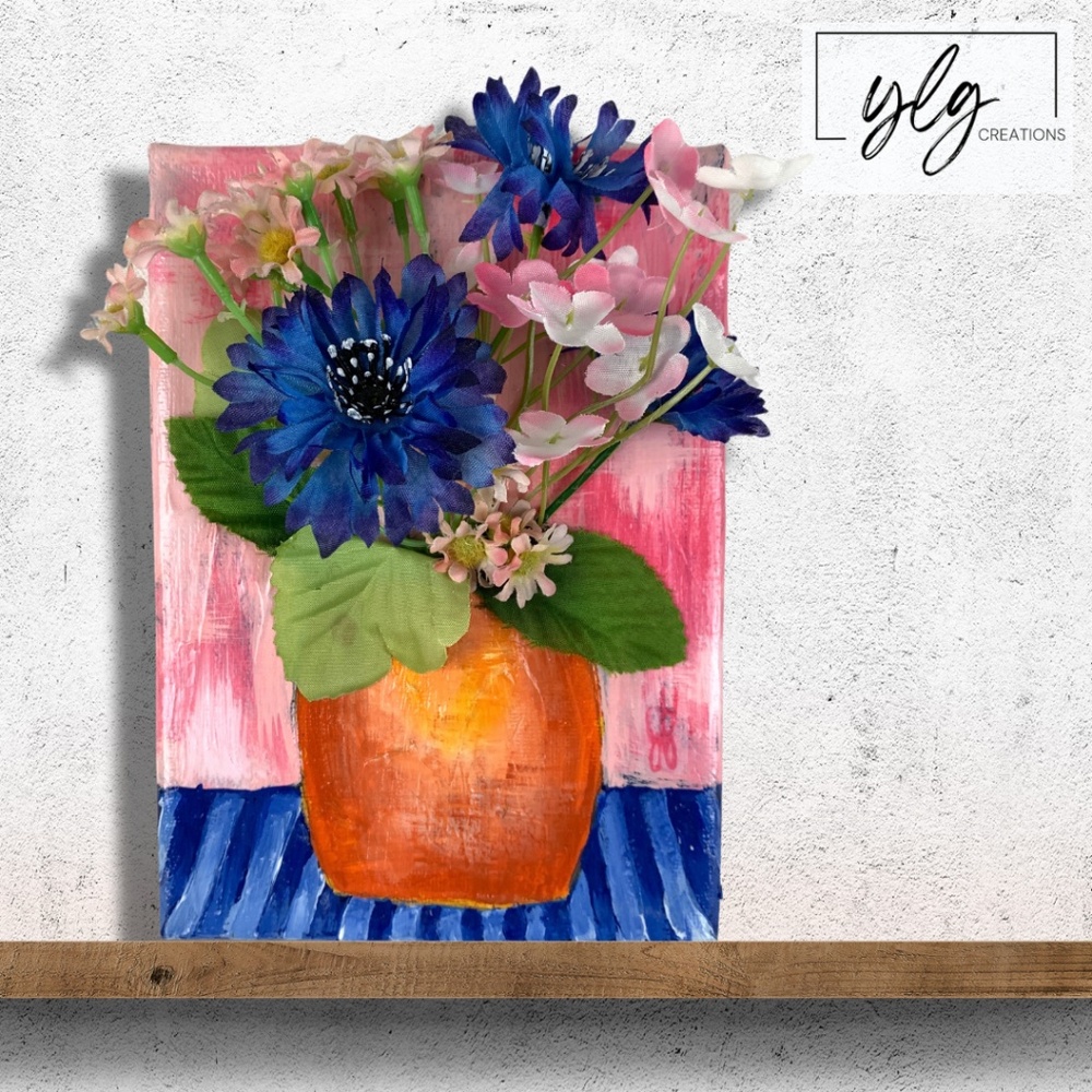 Floral Mixed Media Acrylic Painting Blue Pink Flowers Original 3D Art Folkart